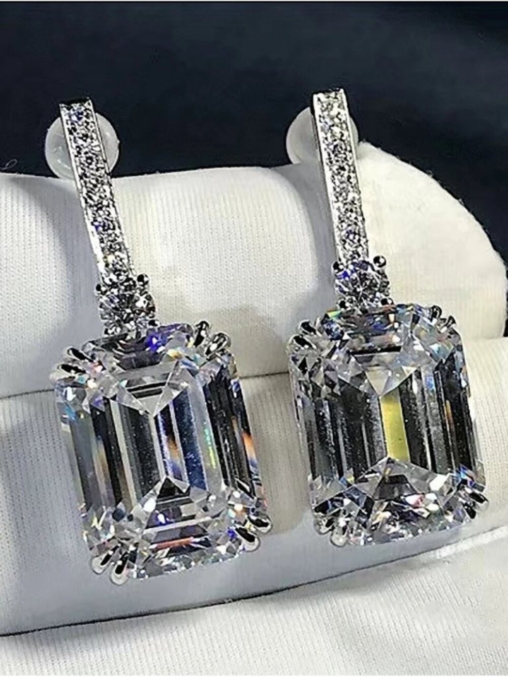 Silver-Plated Clear Cubic Zirconia Rectangle Dangle Earrings Bridal NWT